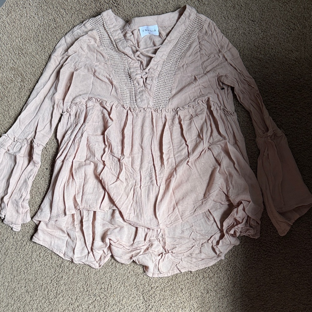Elegant Blush Blouse with Crochet Details